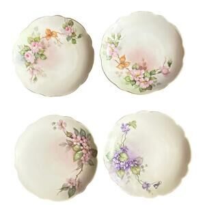 Set 4 Vtg Bavaria N. Becker Hand Painted Floral Plates 6” Scalloped Gold Rim
